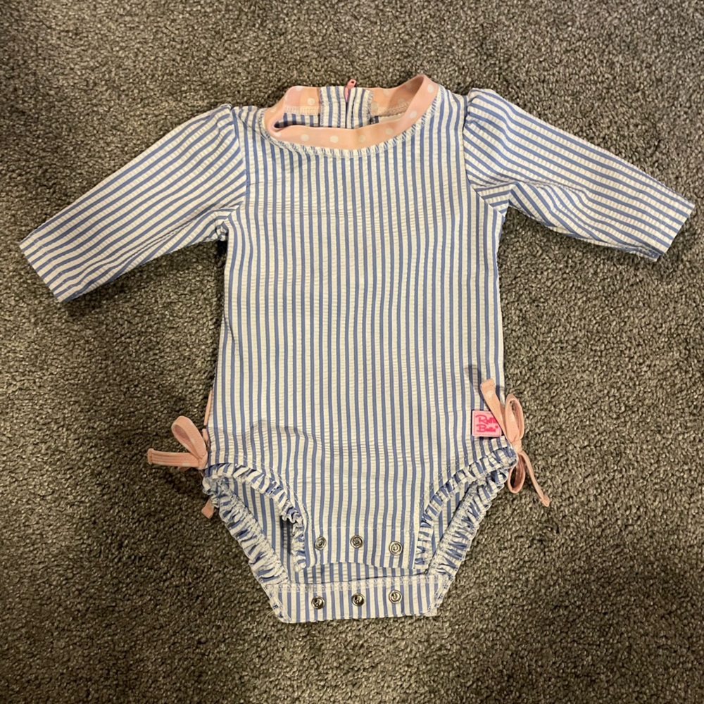 Ruffle butts blue/pink seersucker swimsuit 0-3 months